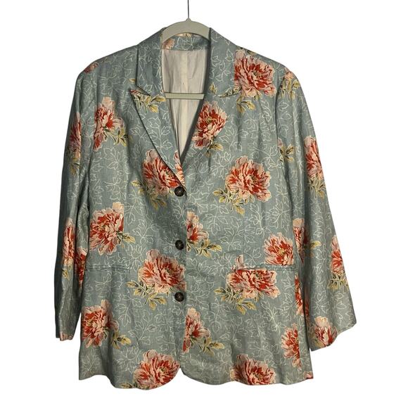 Boden Linen Floral Blazer Jacket Size 18 Blue Red Peony Print - Picture 1 of 9